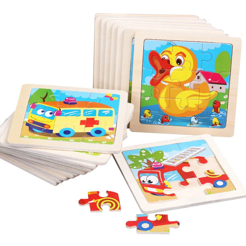 11X11CM Kids Wooden Puzzle Cartoon Animal Traffic Tangram Wood Puzzle Toys Educational Jigsaw Toys for Children Kids Gifts