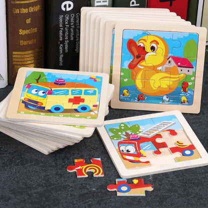 11X11CM Kids Wooden Puzzle Cartoon Animal Traffic Tangram Wood Puzzle Toys Educational Jigsaw Toys for Children Kids Gifts