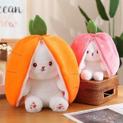 Cuddly Bunny Stuffed Animal, Kawaii Squishy Cute Easter Bunny Plush Turn Into Rabbit Fruit Doll Carrot Strawberry Pillow, Plushies Funny Bunny Toy for Baby