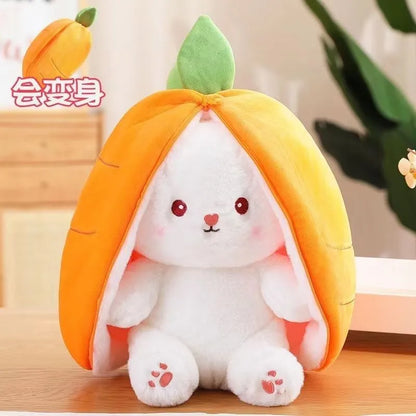 Cuddly Bunny Stuffed Animal, Kawaii Squishy Cute Easter Bunny Plush Turn Into Rabbit Fruit Doll Carrot Strawberry Pillow, Plushies Funny Bunny Toy for Baby