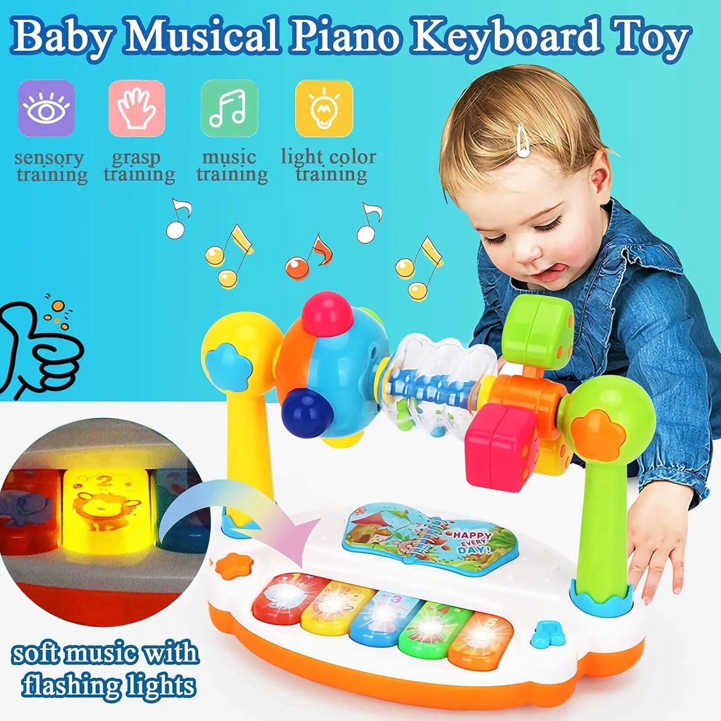 Baby Piano Toys Kids Rotating Music Piano Keyboard with Light Sound, Musical Toys for Toddlers, Early Educational Music Toys for Kids Babies