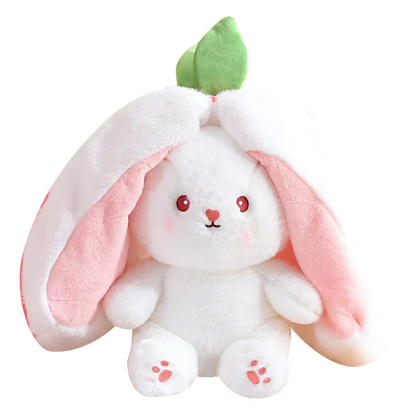 Cuddly Bunny Stuffed Animal, Kawaii Squishy Cute Easter Bunny Plush Turn Into Rabbit Fruit Doll Carrot Strawberry Pillow, Plushies Funny Bunny Toy for Baby