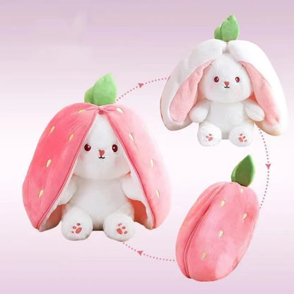 Cuddly Bunny Stuffed Animal, Kawaii Squishy Cute Easter Bunny Plush Turn Into Rabbit Fruit Doll Carrot Strawberry Pillow, Plushies Funny Bunny Toy for Baby