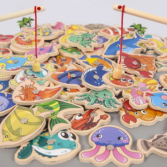 Montessori Wooden Magnetic Fishing Toys For Children Marine Life Cognition Fish Games Parent-Child Interactive Educational Toy (28 Fish and Two rods)