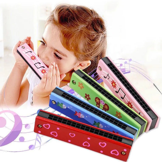 Wooden Harmonica Musical Instrument  Styles Lightweight Cartoon Harmonica with Double Row of 16 Holes, Harmonica for Toddler, Kids, Adult Beginners' Musical Instrument Toy Gift (Over 3 Years Old)