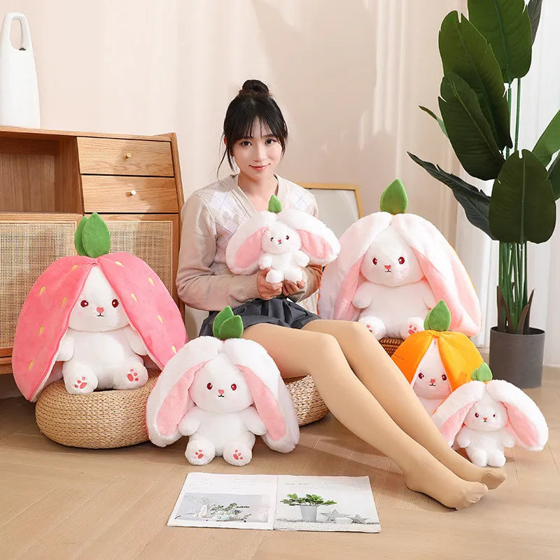 Cuddly Bunny Stuffed Animal, Kawaii Squishy Cute Easter Bunny Plush Turn Into Rabbit Fruit Doll Carrot Strawberry Pillow, Plushies Funny Bunny Toy for Baby