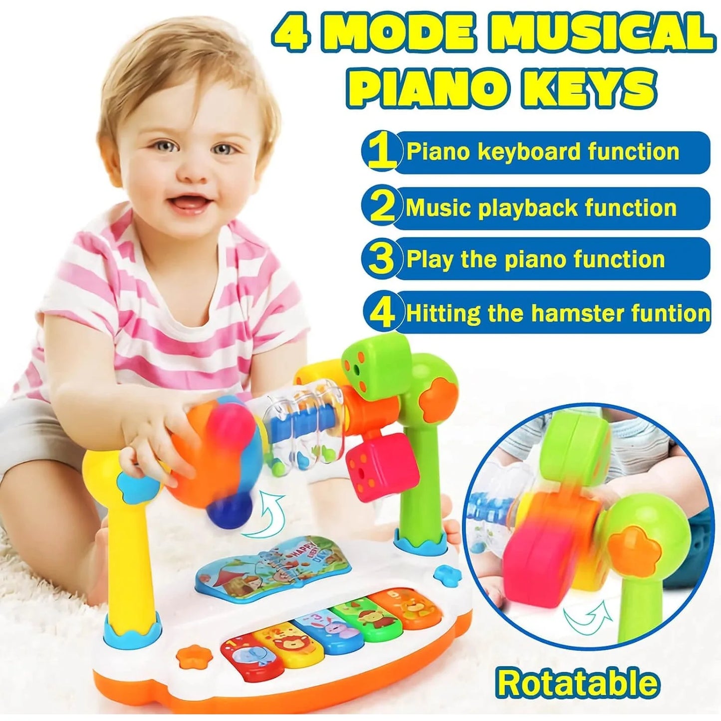 Baby Piano Toys Kids Rotating Music Piano Keyboard with Light Sound, Musical Toys for Toddlers, Early Educational Music Toys for Kids Babies